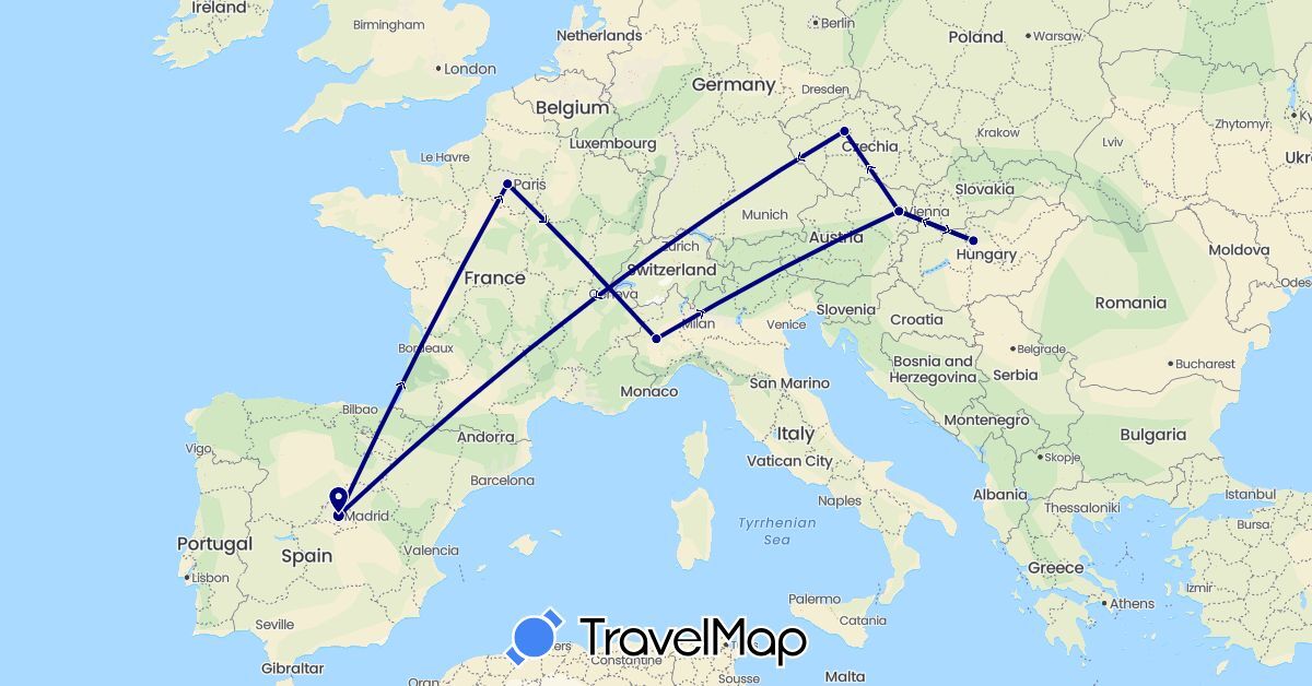 TravelMap itinerary: driving in Austria, Czech Republic, Spain, France, Hungary, Italy (Europe)